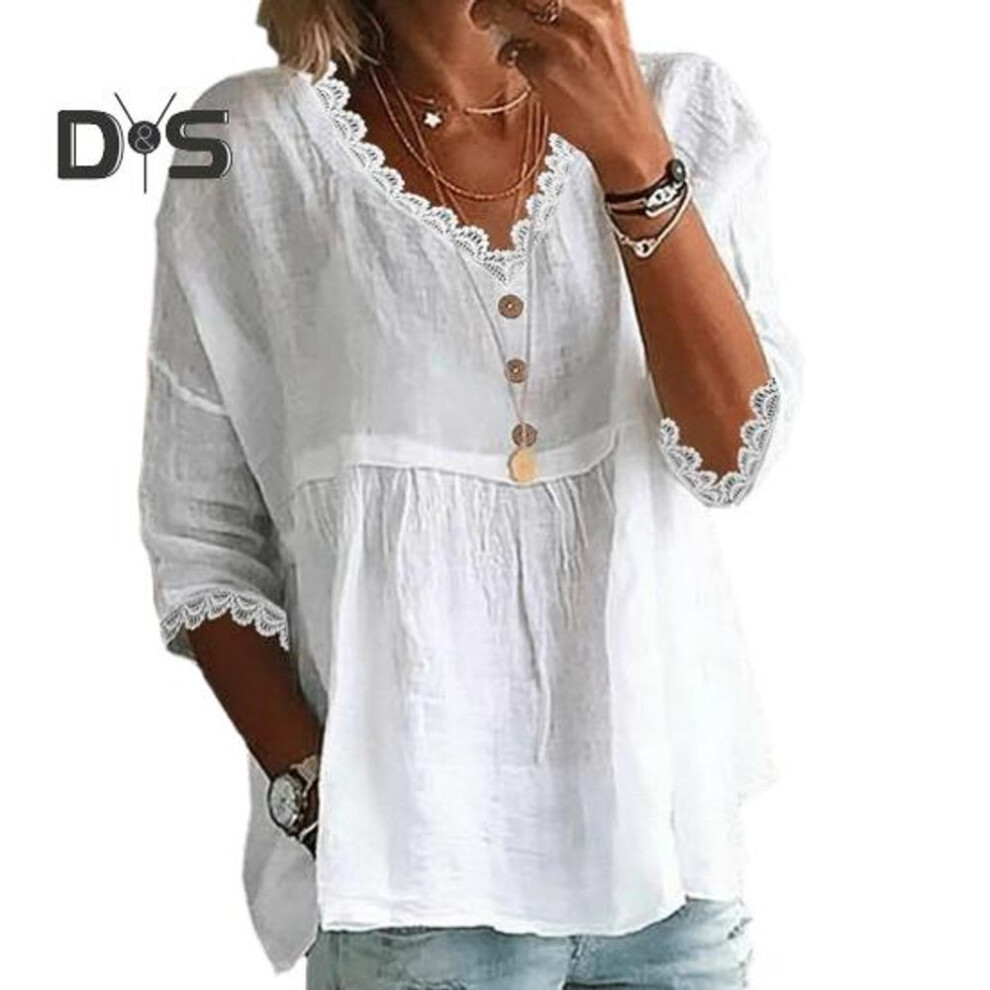 (L, white) Women Shirt V-Neck 3/4 Sleeve Loose Fit Lace Splicing Tops Solid Color Loose Fit Breathable Casual Shirt