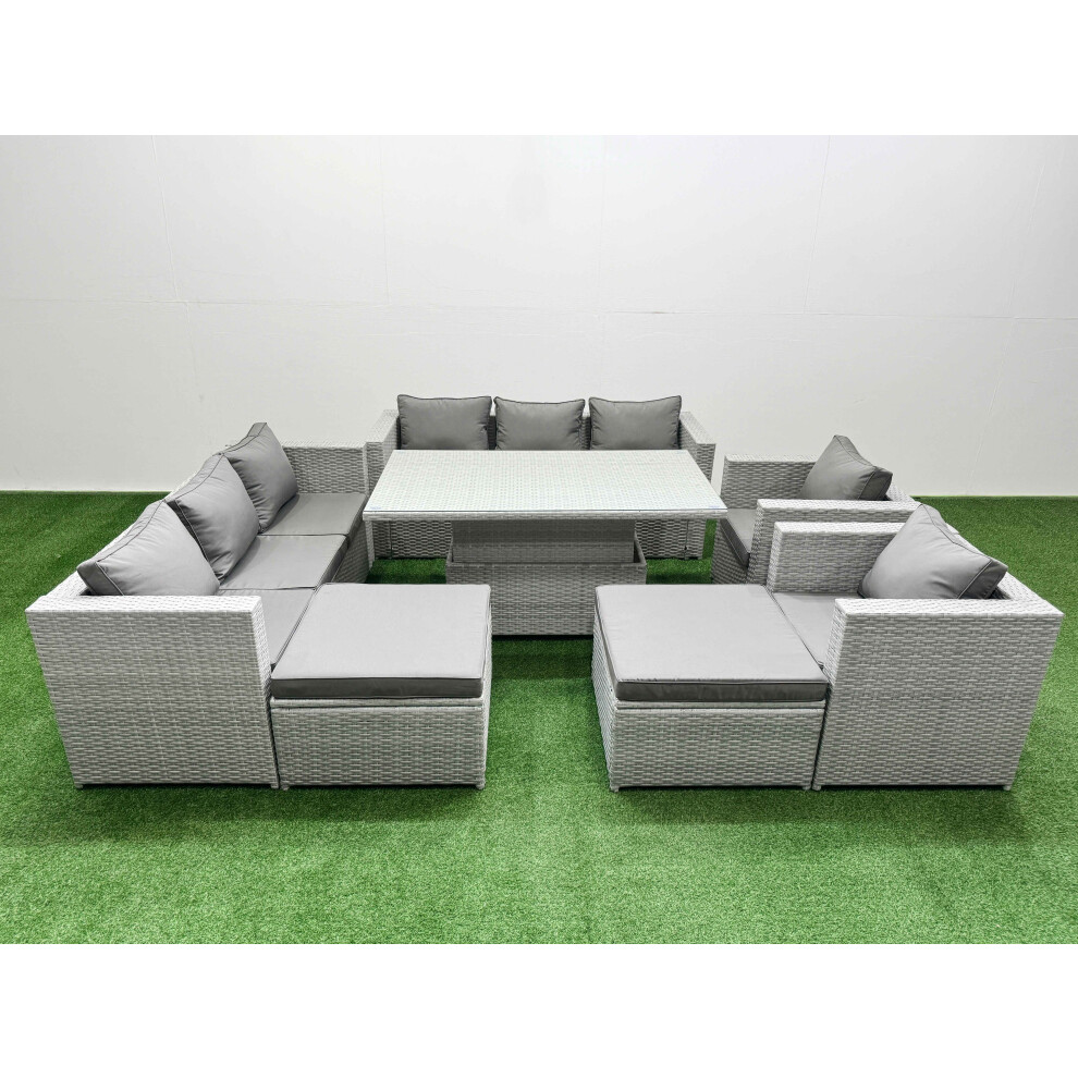 Fimous 7 Pcs Rising Dining Table Set Rattan Furniture Set With 3 Seater Sofa Chair 2 Big Footstools Light Grey