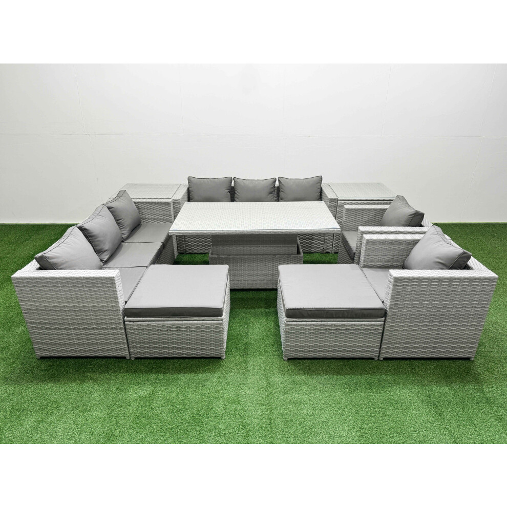 Fimous 9 PCs Rising Dining Table Set Rattan Furniture Set with 3 Seater Sofa Chair 2 Big Footstools 2 Side Tables Light Grey