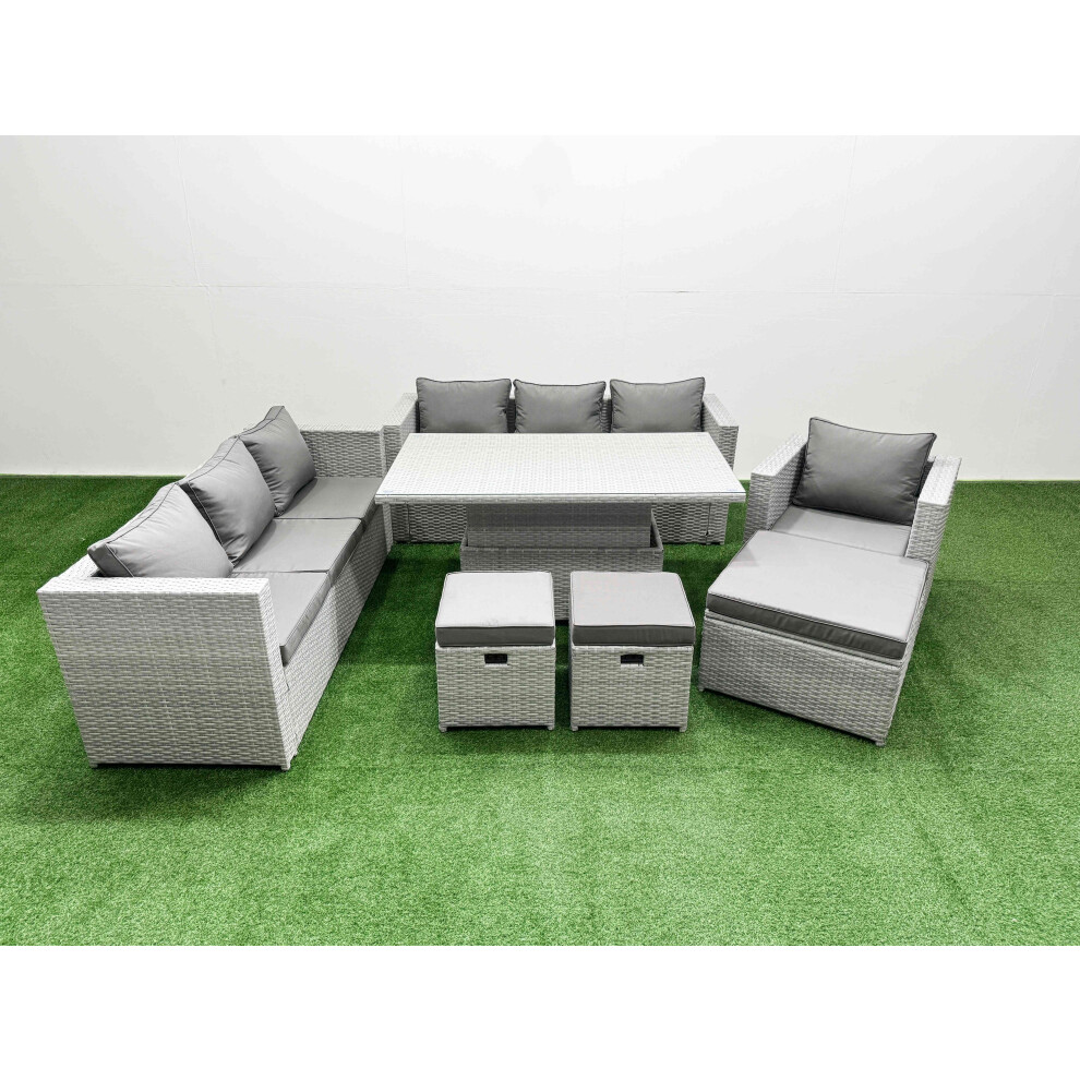 Fimous 6 Pcs Rising Dining Table Set Rattan Furniture Set With 3 Seater Sofa Chair 3 Footstools Light Grey