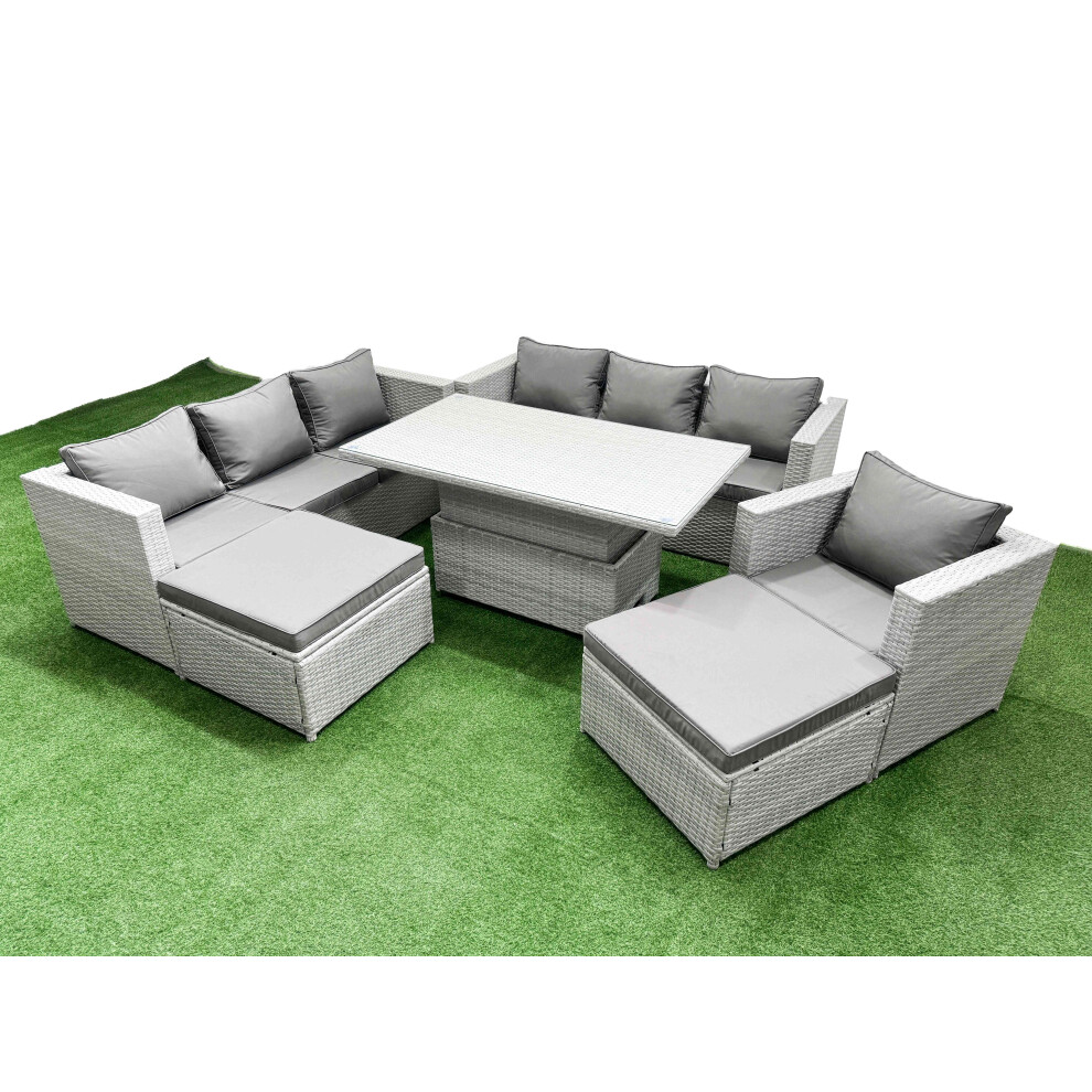 Fimous 6 Pcs Rising Dining Table Set Rattan Furniture Set With 3 Seater Sofa Chair 2 Big Footstool Light Grey