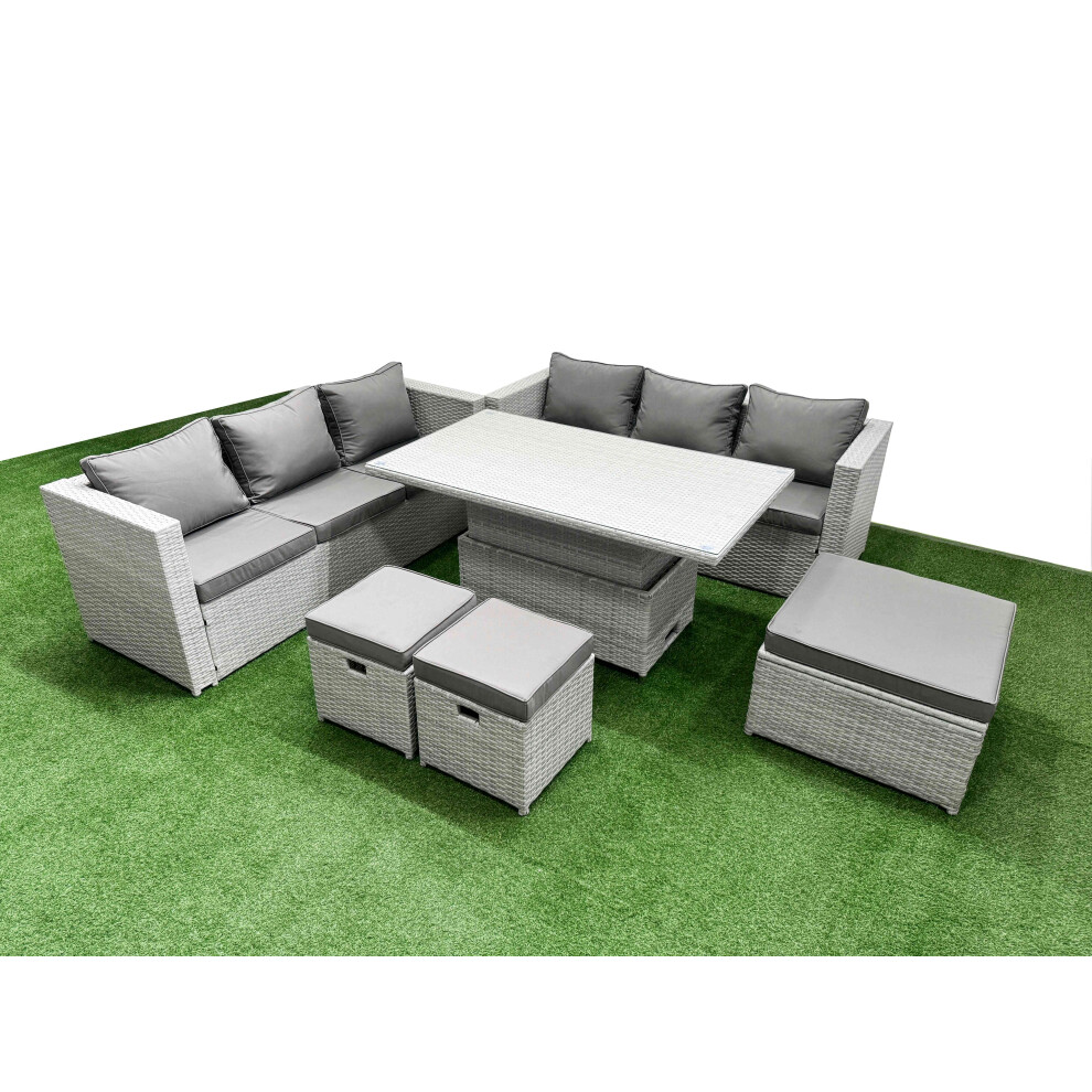 Fimous 6 PCs Rising Dining Table Set Rattan Furniture Set with 3 Seater Sofa 2 Small Footstools Big Footstool Light Grey