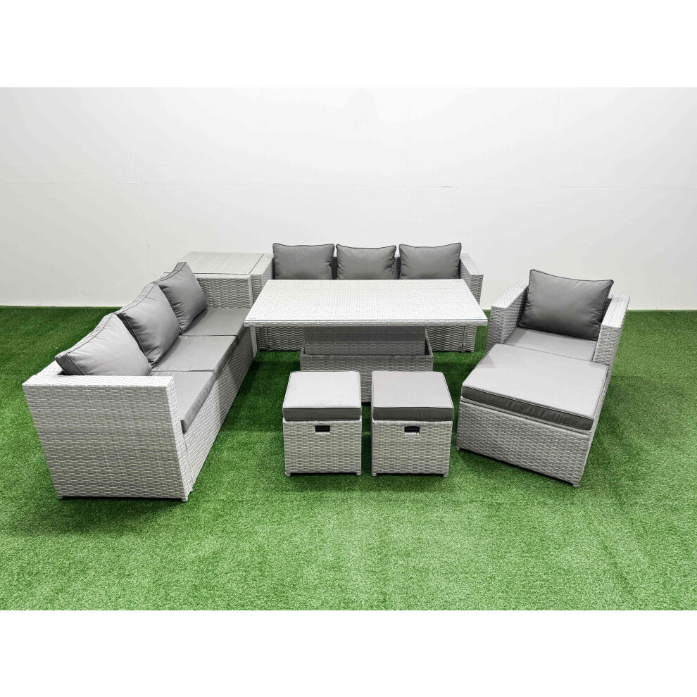 Fimous Light/Grey 7 Pcs Rising Dining Table Set Rattan Furniture Set With 3 Seater Sofa Chair 3 Footstools Side Table - Image 2