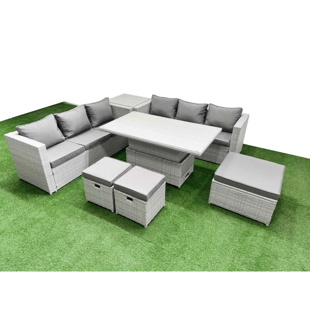 Rackhams Light/Grey 7 Pcs Rising Dining Table Set Rattan Furniture Set With 3 Seater Sofa 3 Footstools Side Table - Image 2