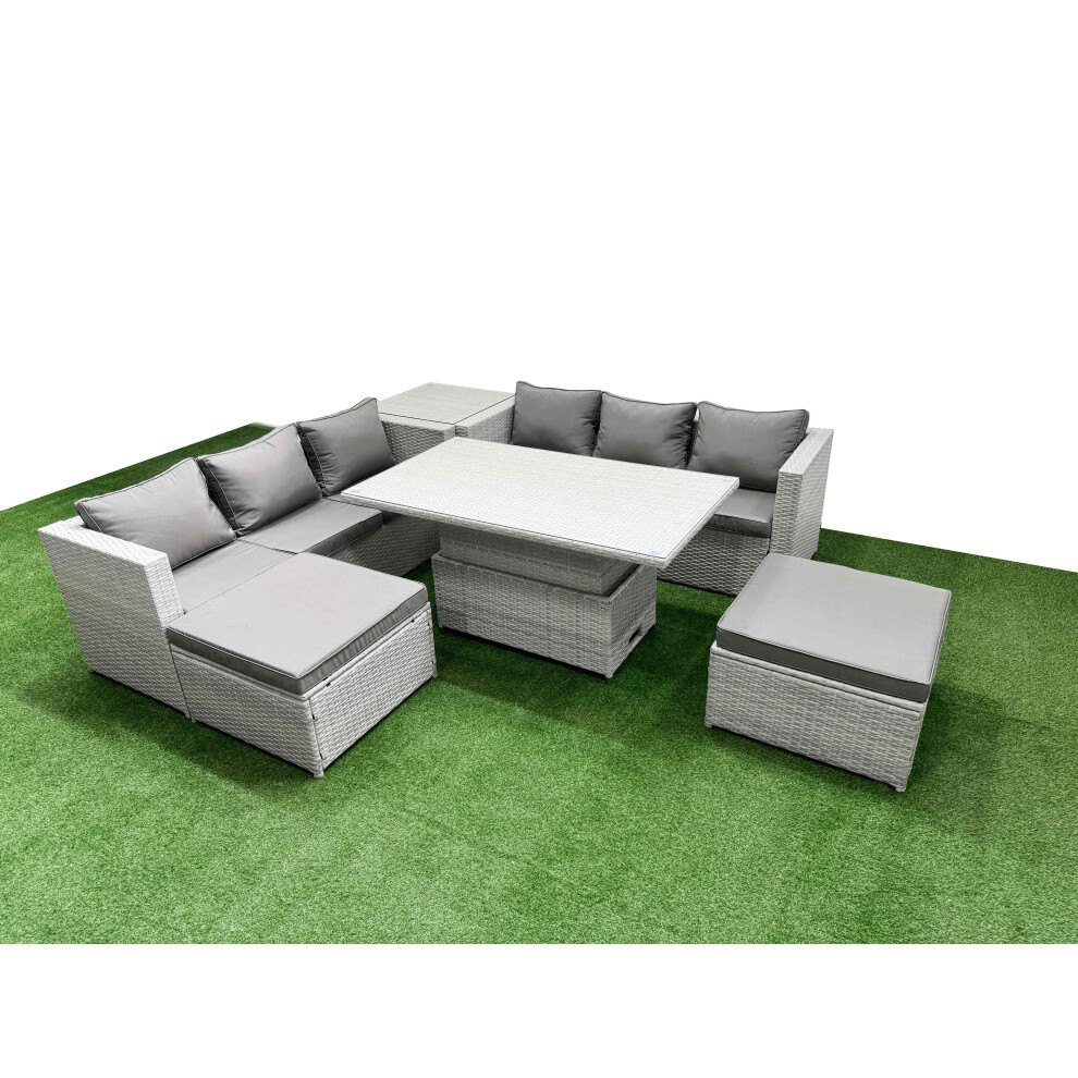 Fimous Light/Grey 6 Pcs Rising Dining Table Set Rattan Furniture Set With 3 Seater Sofa 2 Big Footstools Side Table - Image 2