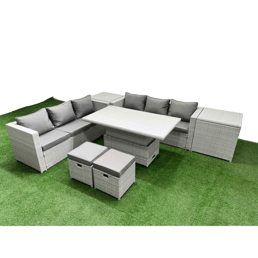 Rackhams Light/Grey 7 Pcs Rising Dining Table Set Rattan Furniture Set With 3 Seater Sofa 2 Small Footstools 2 Side Table - Image 2
