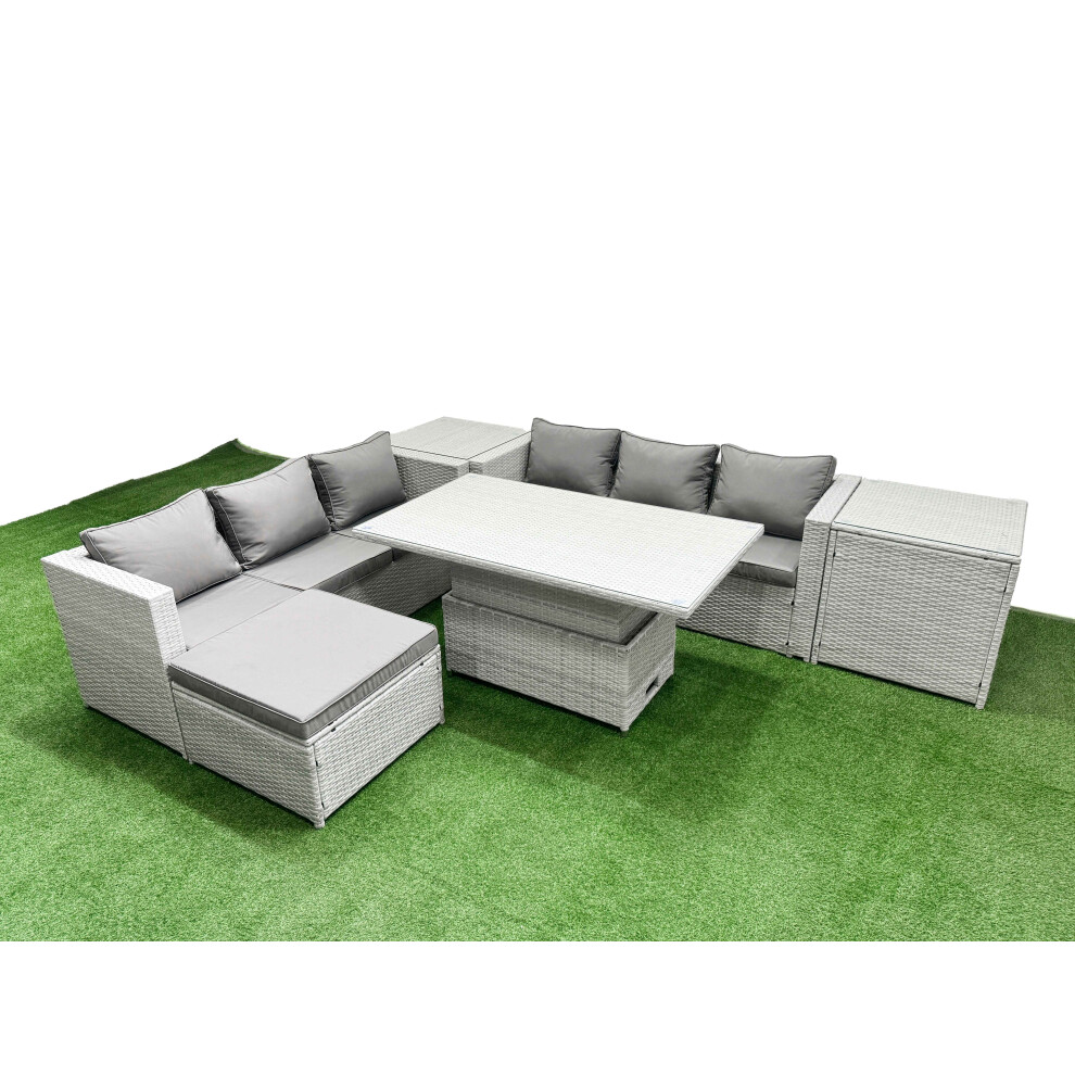 Fimous Light/Grey 6 Pcs Rising Dining Table Set Rattan Furniture Set With 3 Seater Sofa Big Footstool 2 Side Tables - Image 2