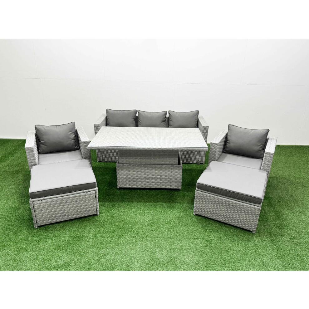 Fimous 6 PCs Rising Dining Table Set Rattan Furniture Set with 3 Seater Sofa Chair 2 Big Footstools Light Grey