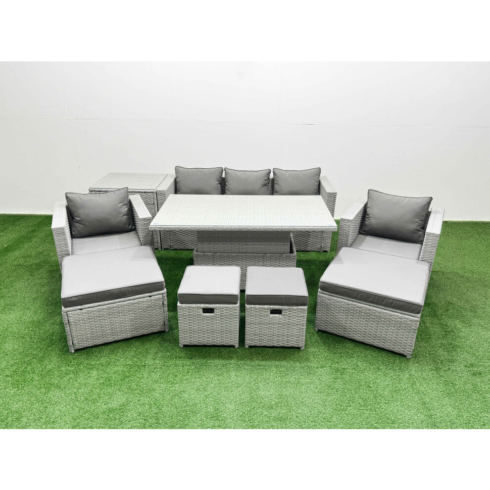 Fimous 9 PCs Rising Dining Table Set Rattan Furniture Set with 3 Seater Sofa Chair 2 Big Footstools 2 Small Footstools Side Table Light Grey