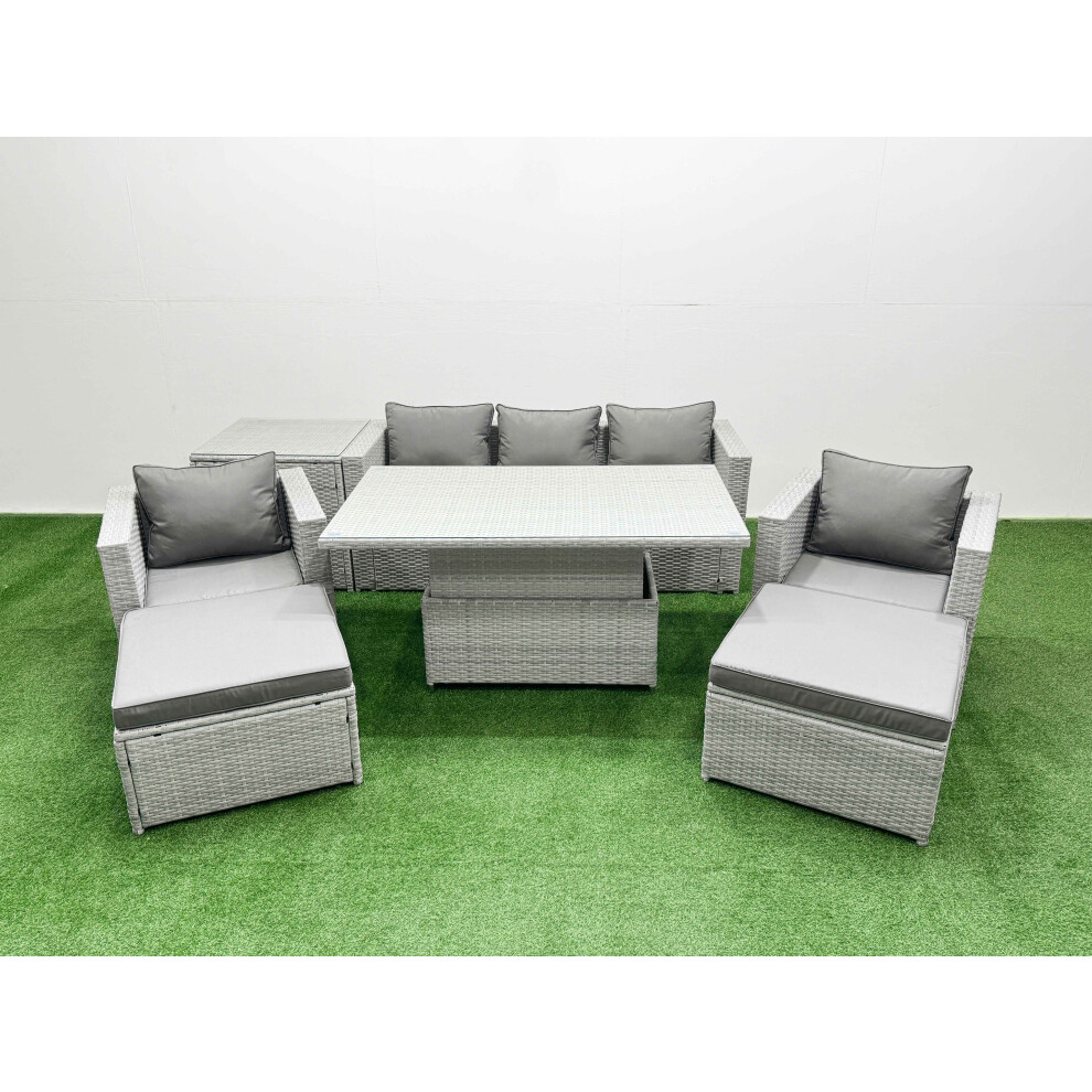 Fimous 7 PCs Rising Dining Table Set Rattan Furniture Set with 3 Seater Sofa Chair 2 Big Footstools Side Table Light Grey