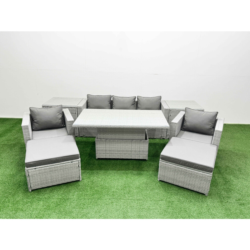 Fimous 8 PCs Rising Dining Table Set Rattan Furniture Set with 3 Seater Sofa Chair 2 Big Footstools 2 Side Tables Light Grey