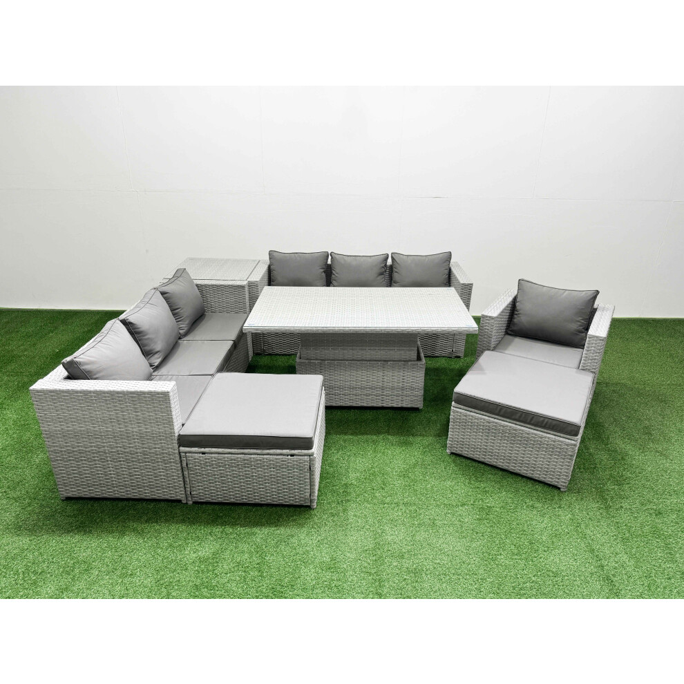 Fimous 7 PCs Rising Dining Table Set Rattan Furniture Set with 3 Seater Sofa Chair 2 Big Footstool Side Table Light Grey