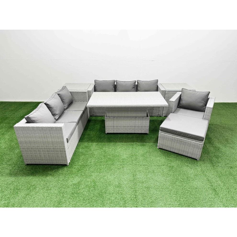 B&Q - 7 Pcs Rising Dining Table Set Rattan Furniture Set With 3 Seater Sofa Chair 2 Side Tables Big Footstool Light Grey - Image 2