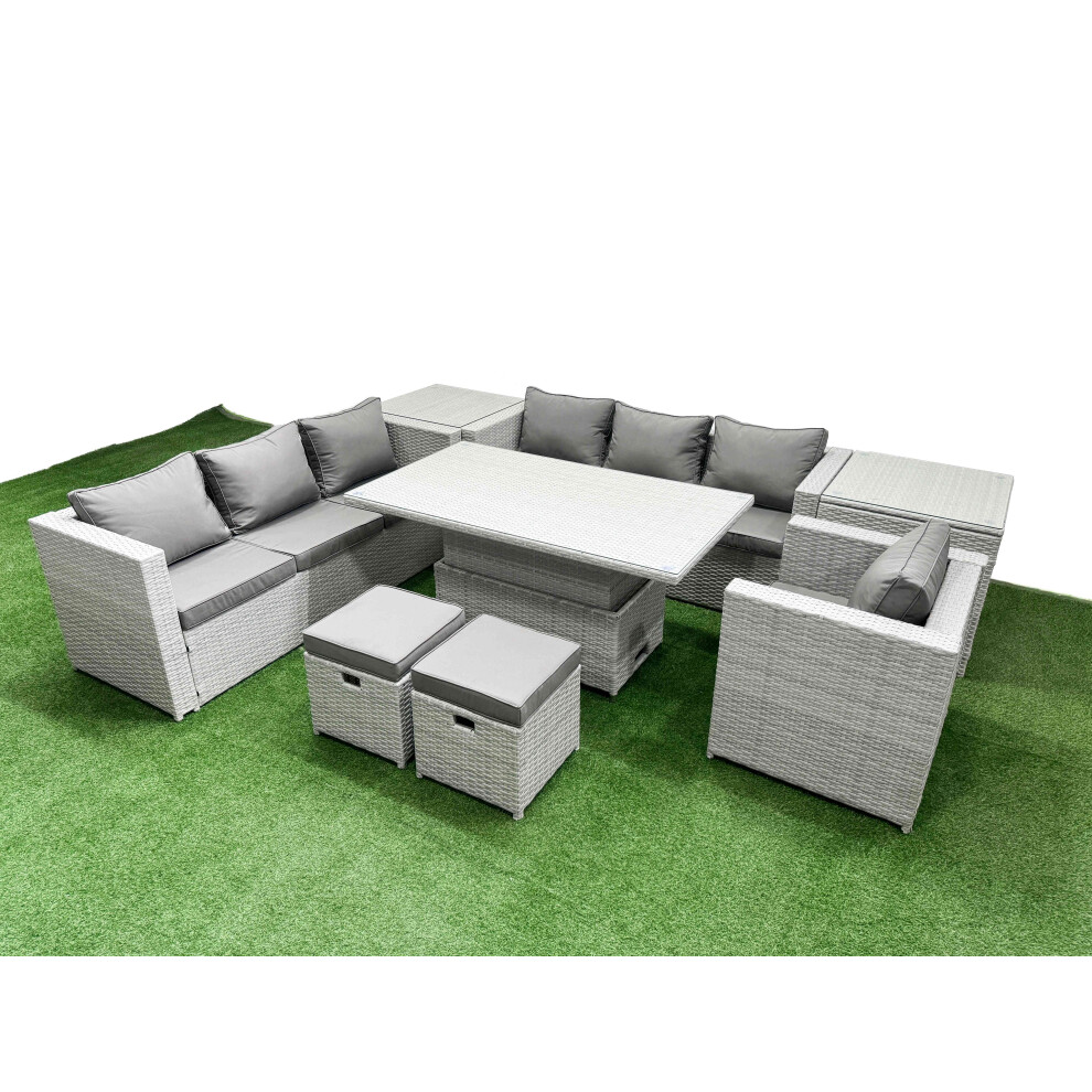 Fimous 8 PCs Rising Dining Table Set Rattan Furniture Set with 3 Seater Sofa Chair 2 Small Footstools 2 Side Tables Light Grey