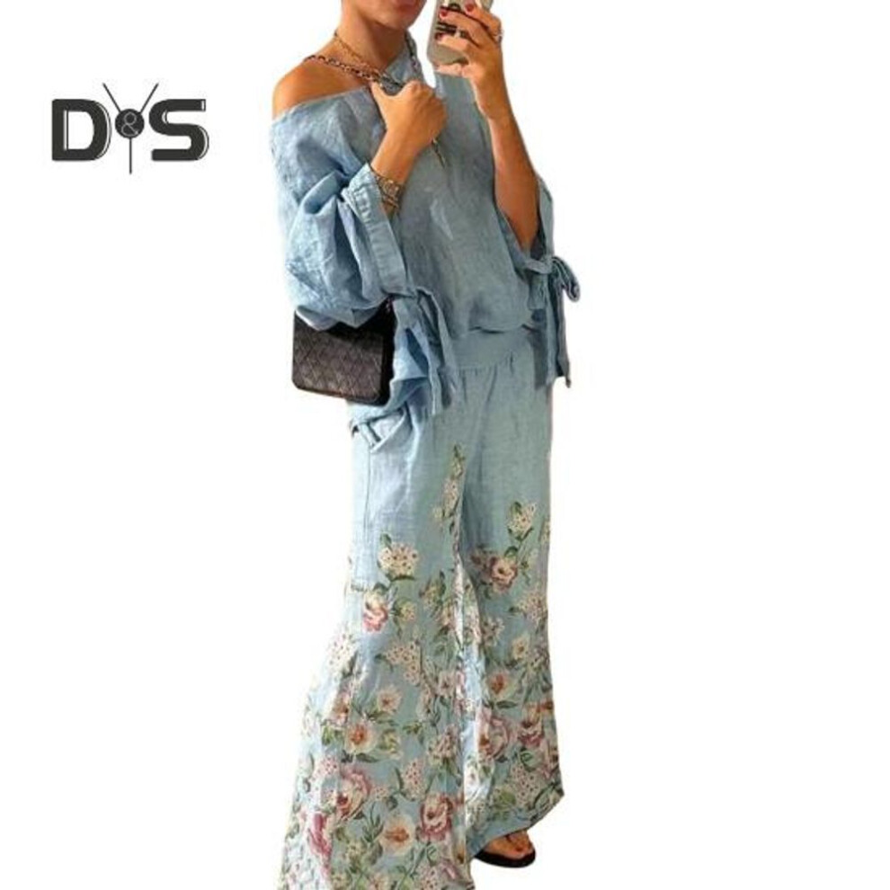 (light grey, M) 2 Pcs/Set Women Top Pants Set One Shoulder Slant Neck Three-quarter Sleeve Lace-up Cuff Blouse Flower Print Stretchy High Waist Wide Leg Trousers