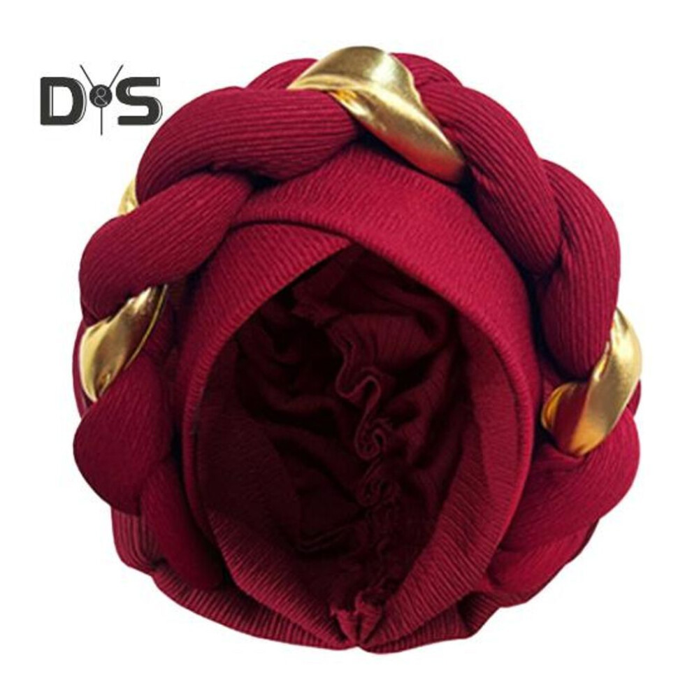 (wine red) Women Hat Twisted Knitted High Elasticity Anti-slip Beanie Color Matching Ethnic Style Middle East Area Traditional Vintage Windproof Hair Protection