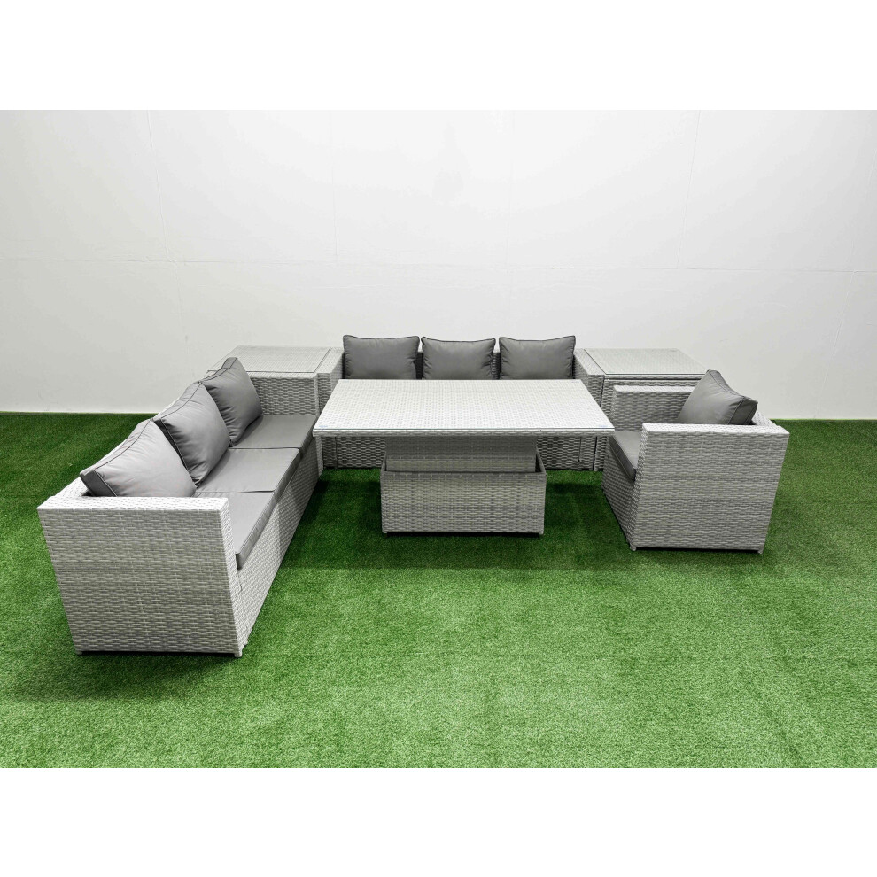 Fimous 6 PCs Rising Dining Table Set Rattan Furniture Set with 3 Seater Sofa Chair 2 Side Tables Light Grey