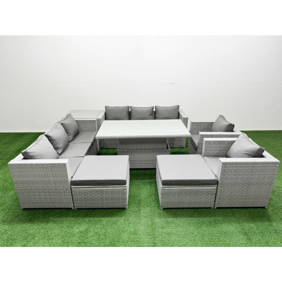 B&Q - 8 Pcs Rising Dining Table Set Rattan Furniture Set With 3 Seater Sofa Chair 2 Big Footstools Side Table Light Grey - Image 2