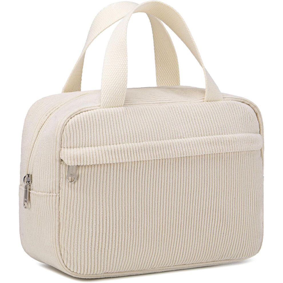 Tianfu Cream Makeup Bag For Women Girls Cute Corduroy Travel Cosmetic Tote Large Make Up Organizer Toiletry Bags Zipper Pouch Purse