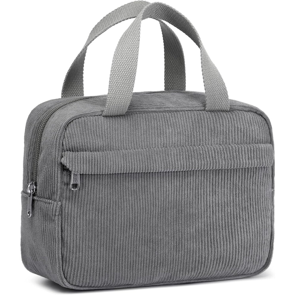 Tianfu Grey Makeup Bag For Women Girls Cute Corduroy Travel Cosmetic Tote Large Make Up Organizer Toiletry Bags Zipper Pouch Purse