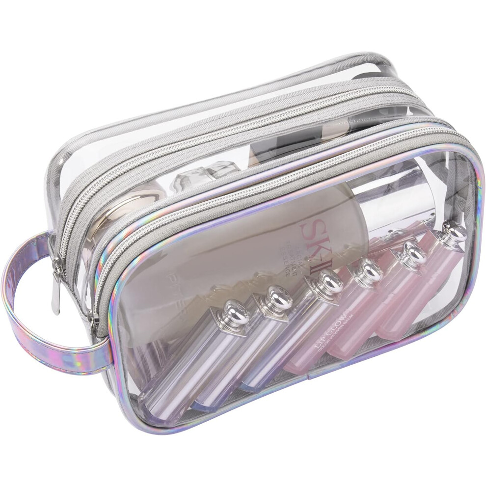 Tianfu Clear Makeup Bag With Zipper,2 Layer Clear Cosmetic Bag Bag/Clear Toiletry Bag,Portable Makeup Organizer Bag,Water-Resistant Large Travel Makeup Bag