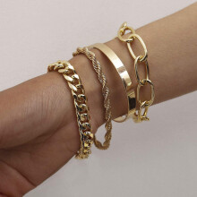 Gold and Silver Chain Women's Bracelet Set Adjustable Fashion Beaded Thick Flat Wired Chain Punk Bracelet Women's Jewelry Gift Set 4 Pieces (Gold)