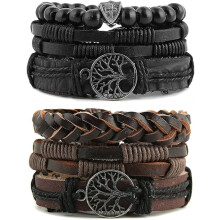 Genuine Leather Tree of life Bracelets Men Women, Tiger Eye Natural Stone Lava Rock Beads Ethnic Tribal Elastic Bracelets Wristbands