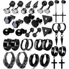 16 Pairs Men Earrings Set - Black Stainless Steel Cross Dangle Hoop & Ear Stud Fashion Piercing Jewelry for Birthdays, Parties & More