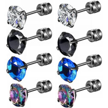 4 Pairs Titanium Screw Back Surgical Stainless Steel Stud Earrings for Women Men,Rainbow 5A Cubic Zirconia Studs Double Side Earrings 6mm