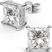 18K White Gold Plated Sterling Silver Princess Cut Cubic Zirconia Stud Earrings Square Simulated Diamond CZ Stud Earrings for Hypoallergenic-7mm