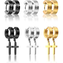 6 Pairs of Cross Earrings Dangle Hinged Stainless Steel Hoop and Stud for Men Women Wearing (Style Set 1)