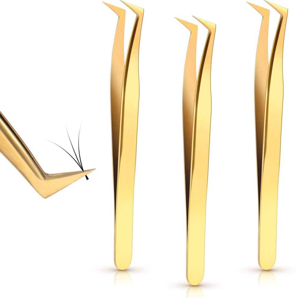 Tianfu Gold Set Of 3 Eyelash Extension Tweezers Curved False Eyelash Tweezers Stainless Steel Precision Tweezers