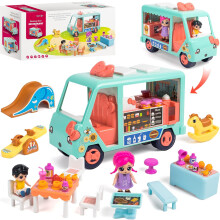 Doll Camper Van Toys, with Dolls and Accessories, Mini Camper Little People Toy RV Inertia Vehicle for Kids Birthday Gifts Age 3-6