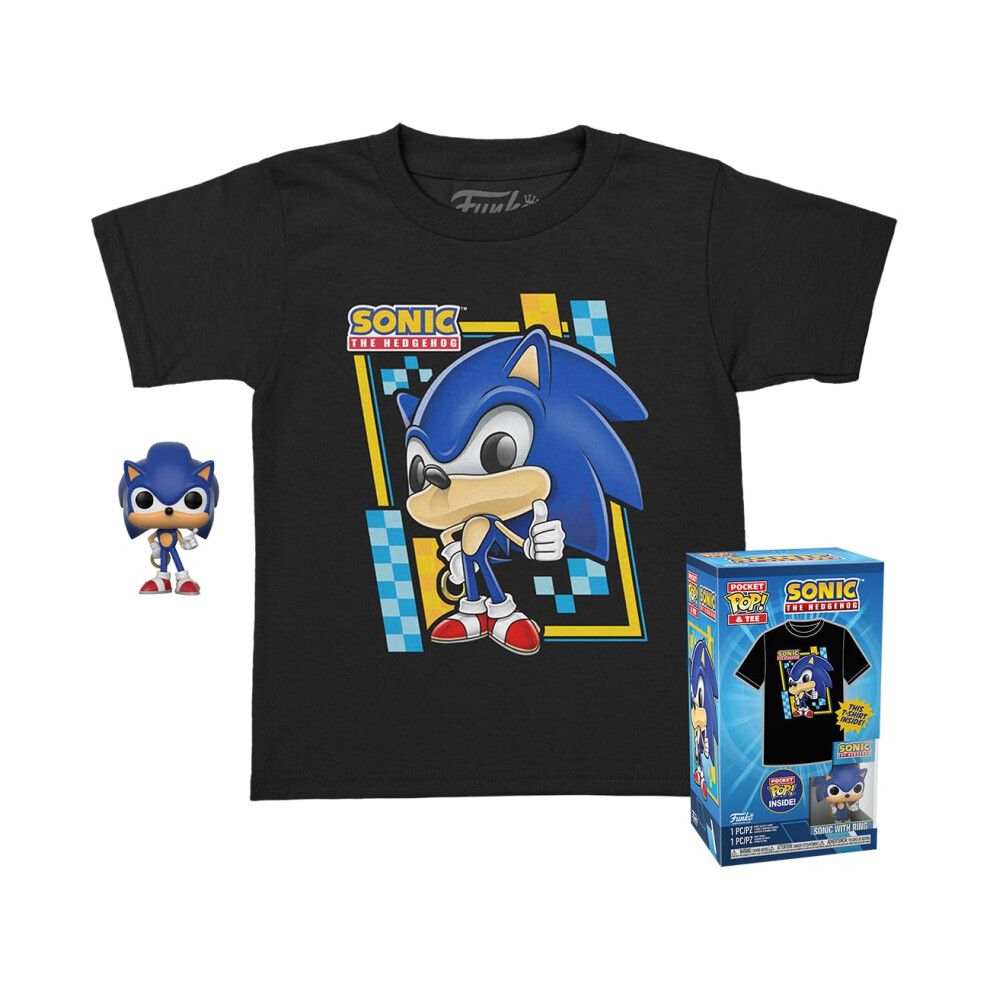 Funko Pocket POP! & Tee: Sonic - for Children and Kids - Flocked - Small - (S) - Sonic The Hedgehog - T-Shirt - Clothes with Collectable Vinyl Minifig