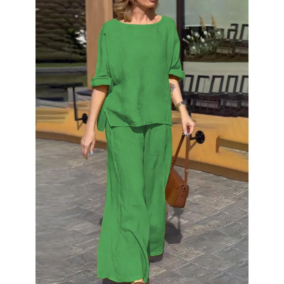 (emerald, 3XL) 2024 Women's Summer Cotton & Linen Solid Color Two-Piece Suit: Loose Casual Trousers & Jacket
