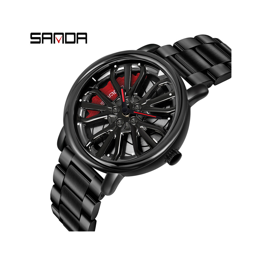 Montre-bracelet à quartz pour homme, bracelet en acier noir, étanche, avec cadran rotatif à 360 degrés, en acier