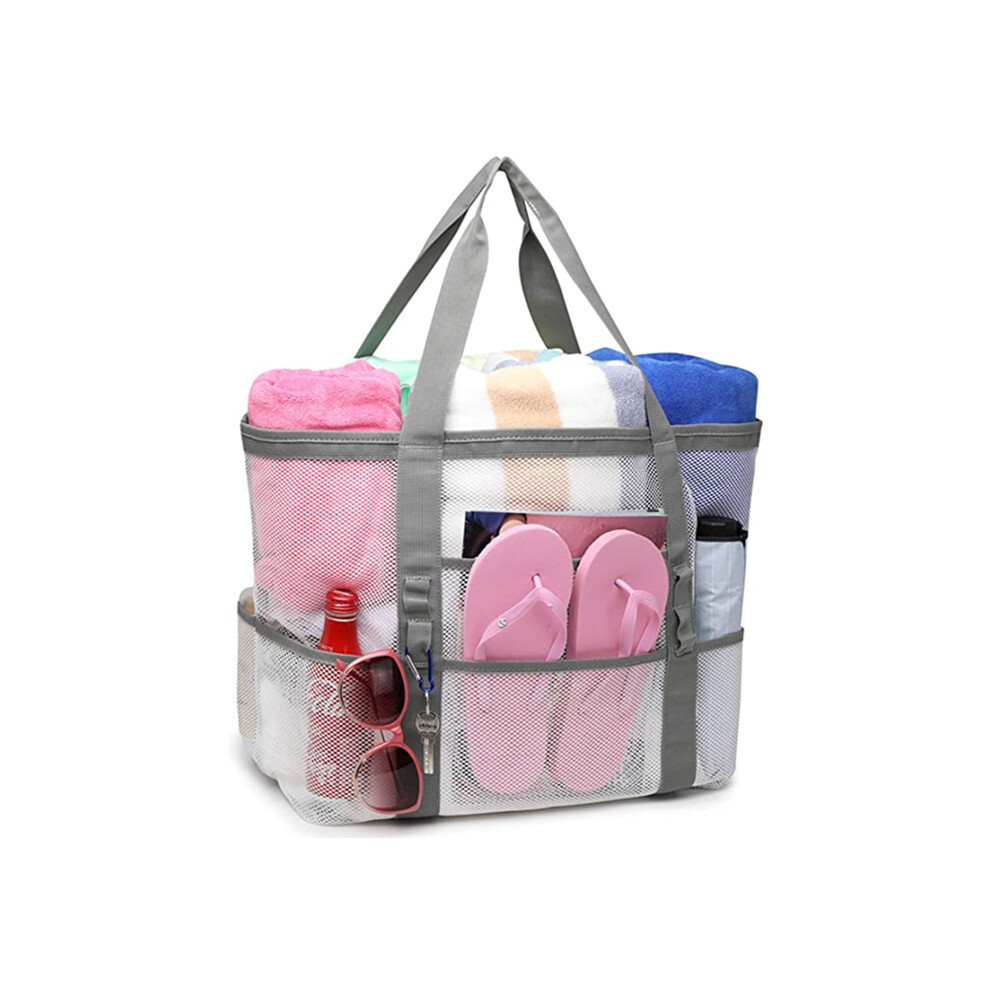 (Blanc M) Grand sac de plage pour jouets, poche imperméable pour sous-vêtements, sac en tissu de plage, 8 poches,