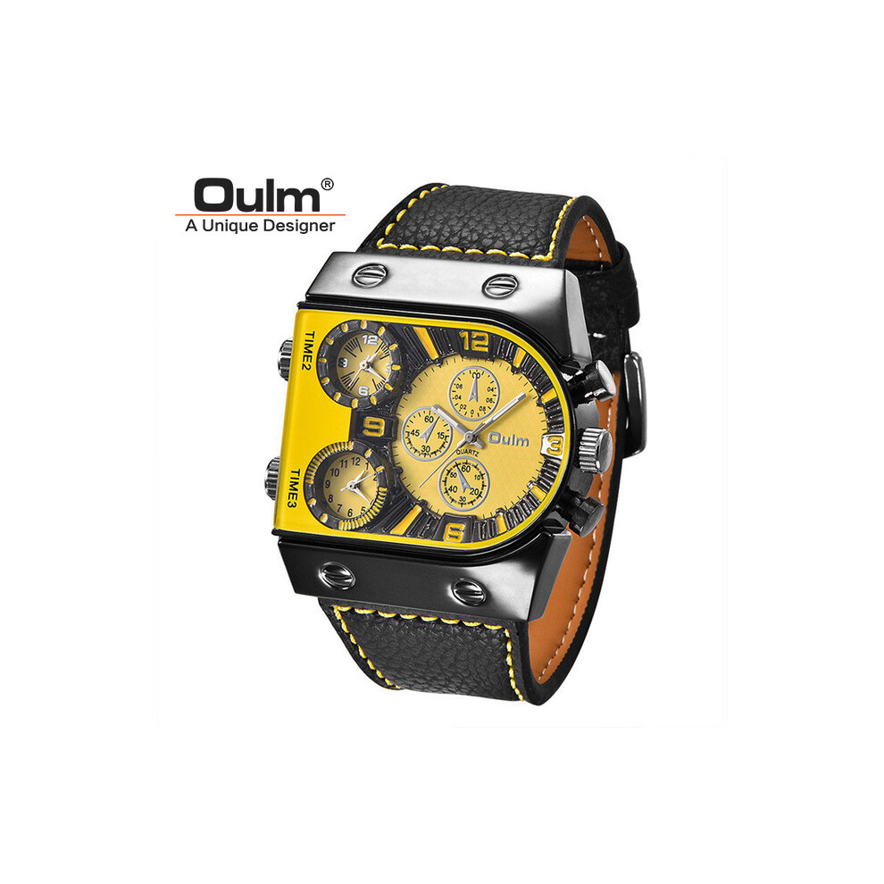 (C4)Oulm Montres Homme Quartz Décontracté Bracelet Cuir Montre-Bracelet Sport Multi-Fuseau Horaire Militaire Homme