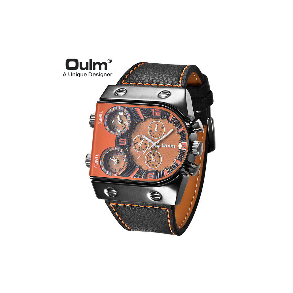 (C5)Oulm Montres Homme Quartz Décontracté Bracelet Cuir Montre-Bracelet Sport Multi-Fuseau Horaire Militaire Montre
