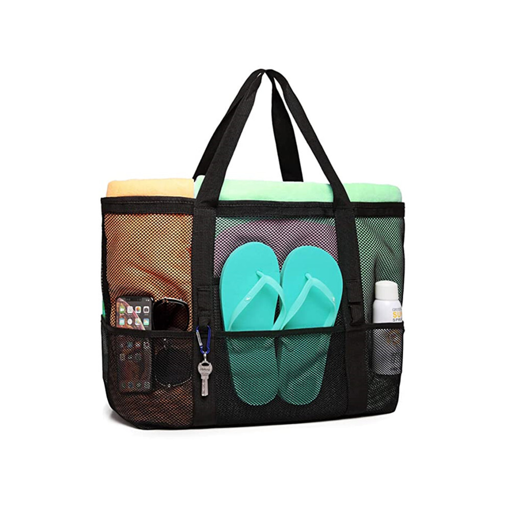 (Noir M) Grand sac de plage pour jouets, poche imperméable pour sous-vêtements, sac en tissu de plage, 8 poches,