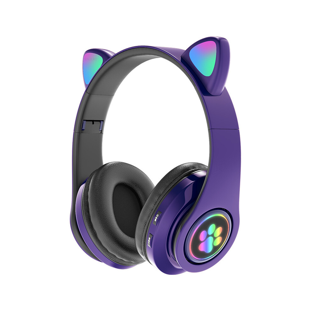 (Violet) Casque Bluetooth mignon avec oreilles de chat, lumière LED, flash, stéréo, pliable, sans fil, avec microphone,