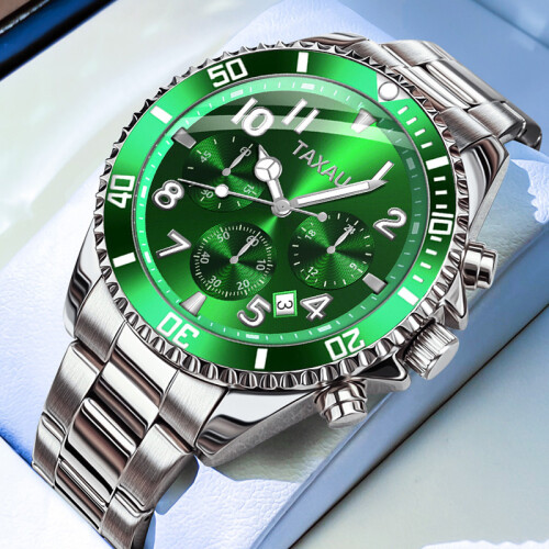(Silver Green 2) Montre de luxe verte pour homme, montre-bracelet étanche pour homme, date automatique, phases