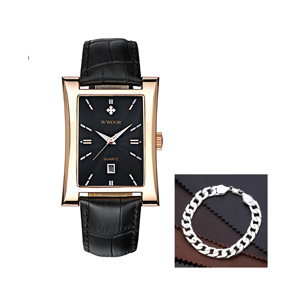 Montre à quartz carrée élégante pour homme (bracelet en or noir) - Montre-bracelet étanche en cuir noir doré avec