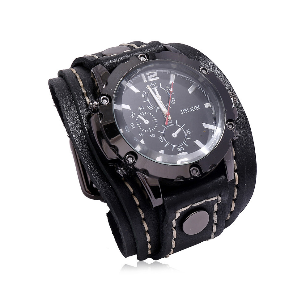 (Noir) Punk Vintage Noir Marron Ceinture Bracelet Hommes Véritable Cuir Pointeur Montre Bracelet & Bracelets Pour