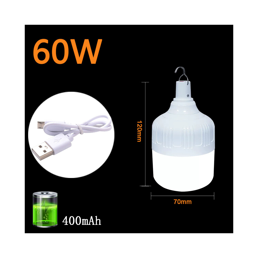 Lampe de camping d'extérieur rechargeable par USB (blanche 60 W) avec crochet, éclairage d'urgence extérieur,