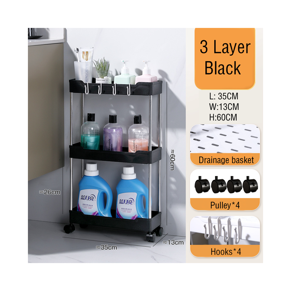 (Noir-3 couches) Accessoire de salle de bain Support de rangement pour accessoires de salle de bain sur roulettes