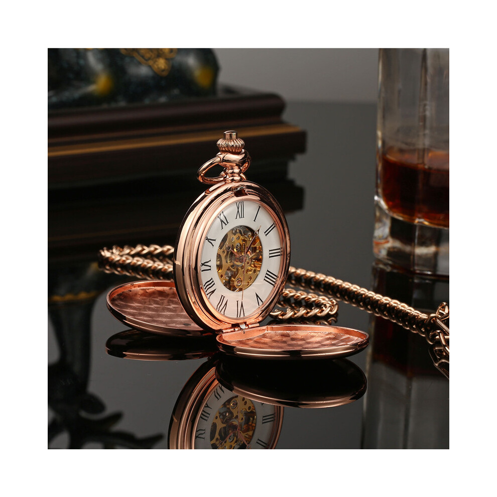 (BSY-M-P03-Or rose) Montre de poche mécanique à remontage manuel pour homme, cadran squelette, pendentif collier