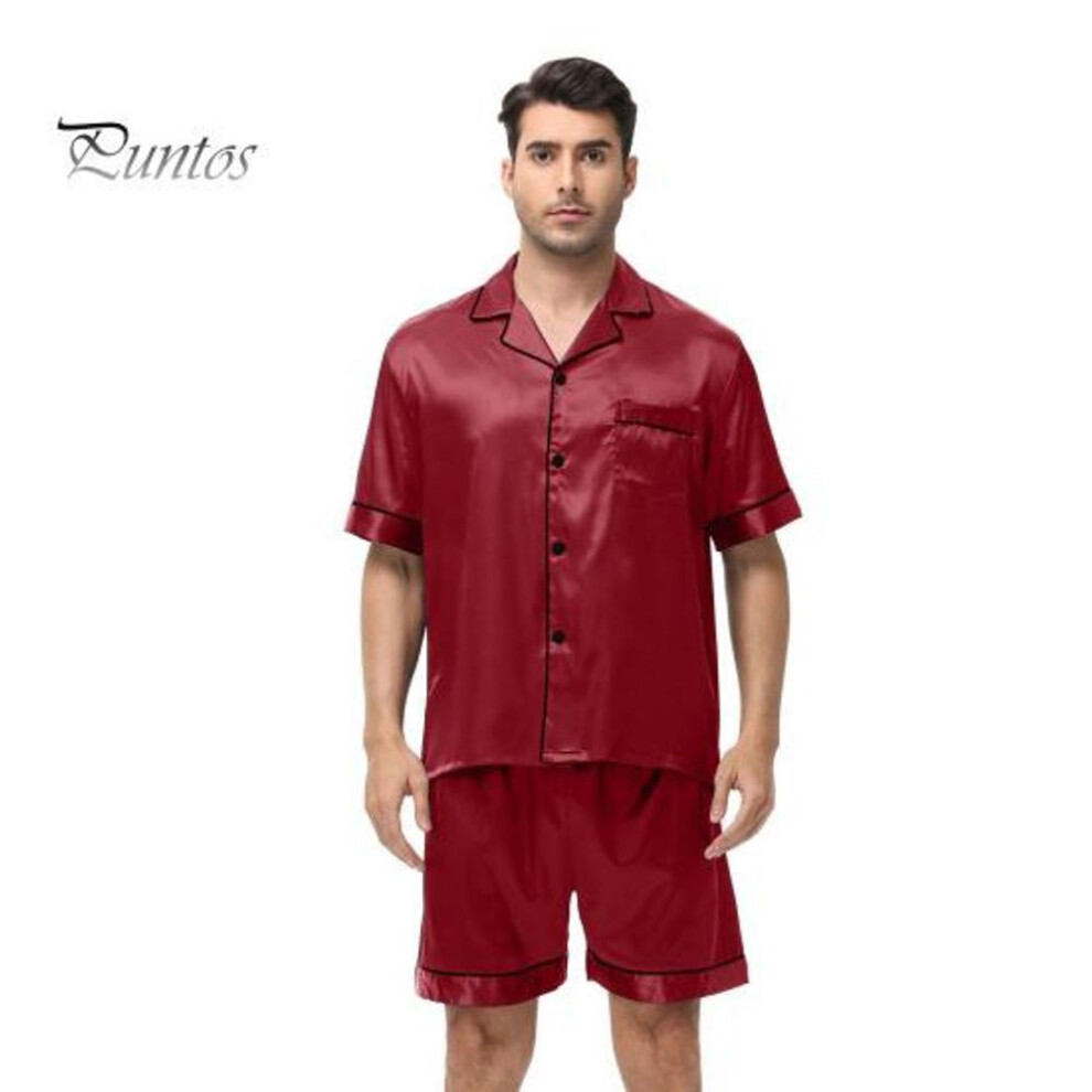 (L, wine red) 2Pcs/Set Men Pajamas Set Lapel Short Sleeve Single Breasted Tops Elastic Waist Shorts Set Solid Color Satin Sleepwear