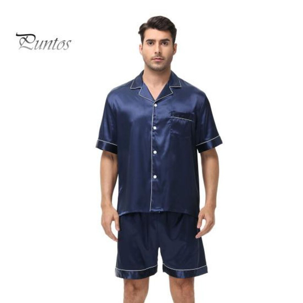 (M, navy blue) 2Pcs/Set Men Pajamas Set Lapel Short Sleeve Single Breasted Tops Elastic Waist Shorts Set Solid Color Satin Sleepwear