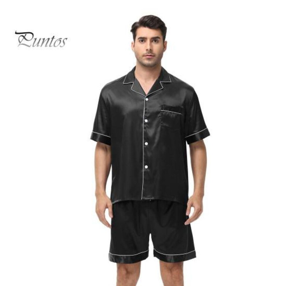 (S, black) 2Pcs/Set Men Pajamas Set Lapel Short Sleeve Single Breasted Tops Elastic Waist Shorts Set Solid Color Satin Sleepwear